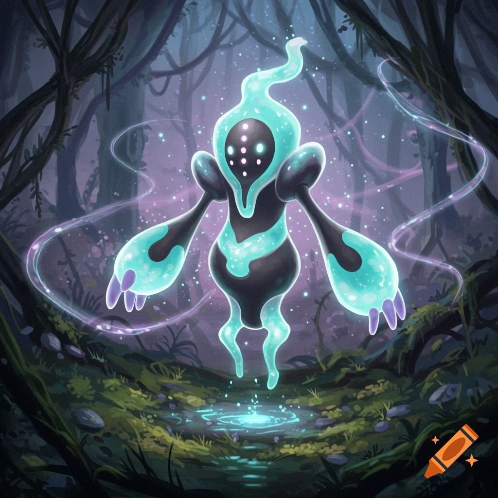 A black and glowing teal Regieleki-like creature floats in a dark, mystical forest, emitting light and magic particles.