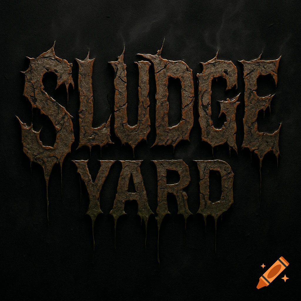 A dark, gritty logo for 'SLUDGE YARD' with textured, melting letters that appear corroded and dripping.