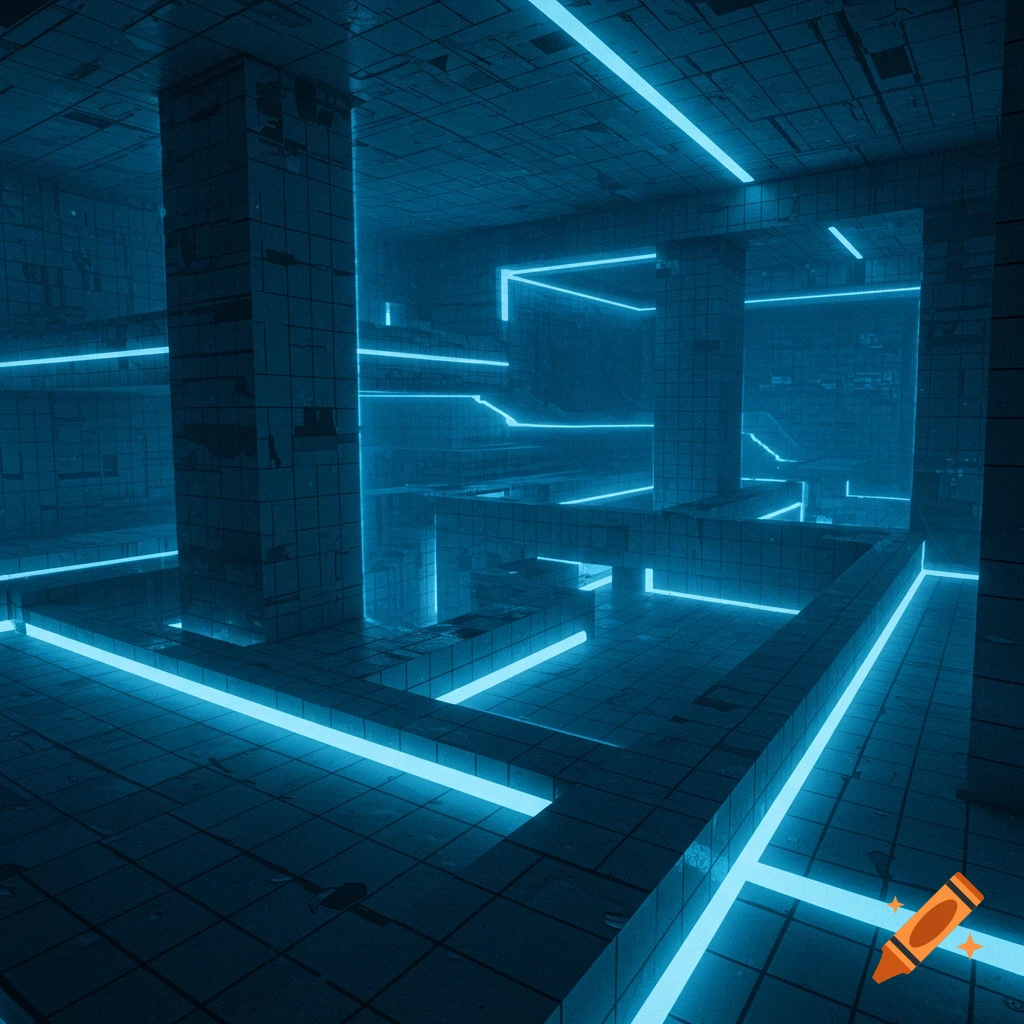 A dark, futuristic labyrinth illuminated by bright blue neon lights.