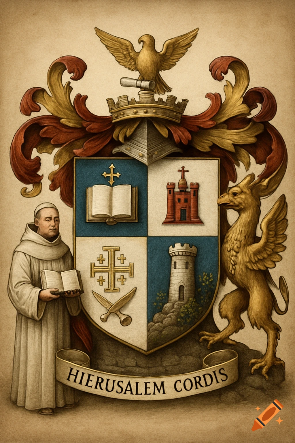 A detailed medieval-style coat of arms featuring a monk and a griffin supporting a shield with various Christian and castle symbols, and a banner reading 'Hierusalem Cordis'.