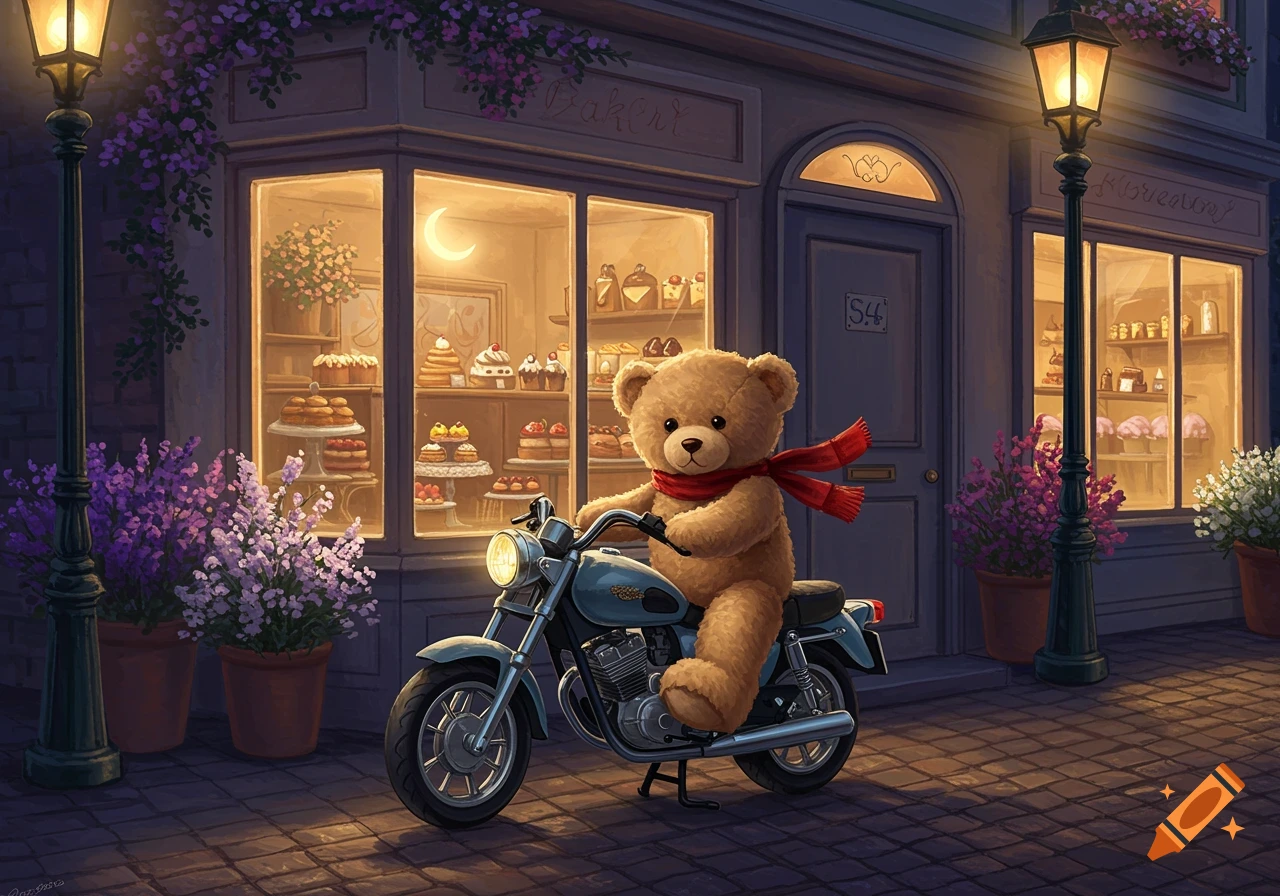 A cute teddy bear on a blue motorbike parked in front of a brightly lit bakery at night, with streetlights and flowers.