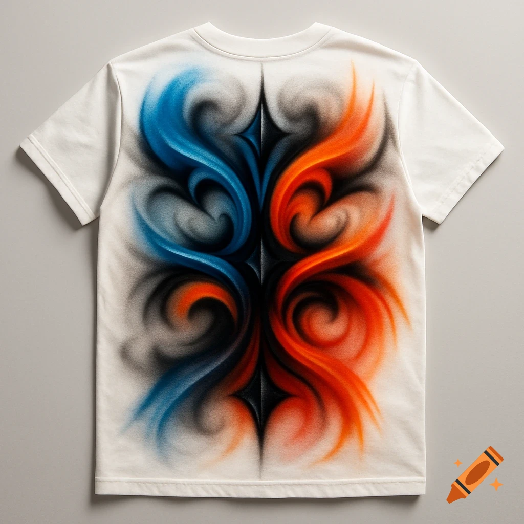 Back of a white t-shirt featuring a symmetrical airbrush design with blue and orange swirling patterns fading into black.