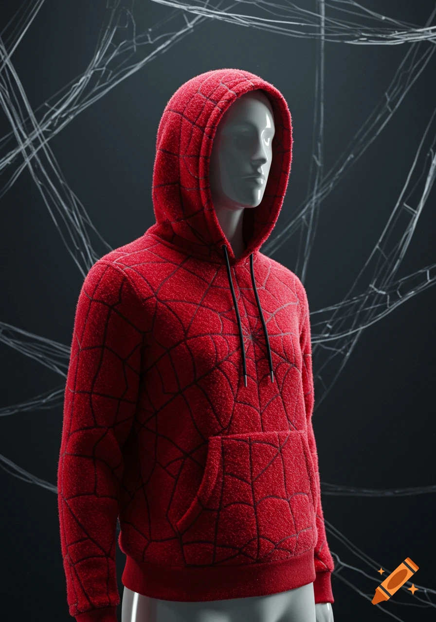 A red fuzzy hoodie with a black spiderweb pattern displayed on a white mannequin against a dark, web-strewn background.
