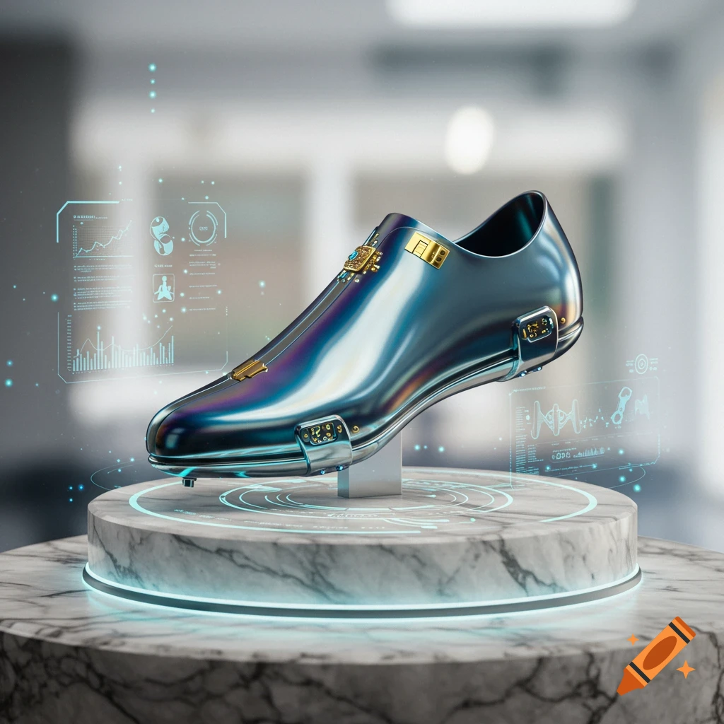 A futuristic, iridescent chrome shoe with gold details and glowing holographic displays, on a marble pedestal.