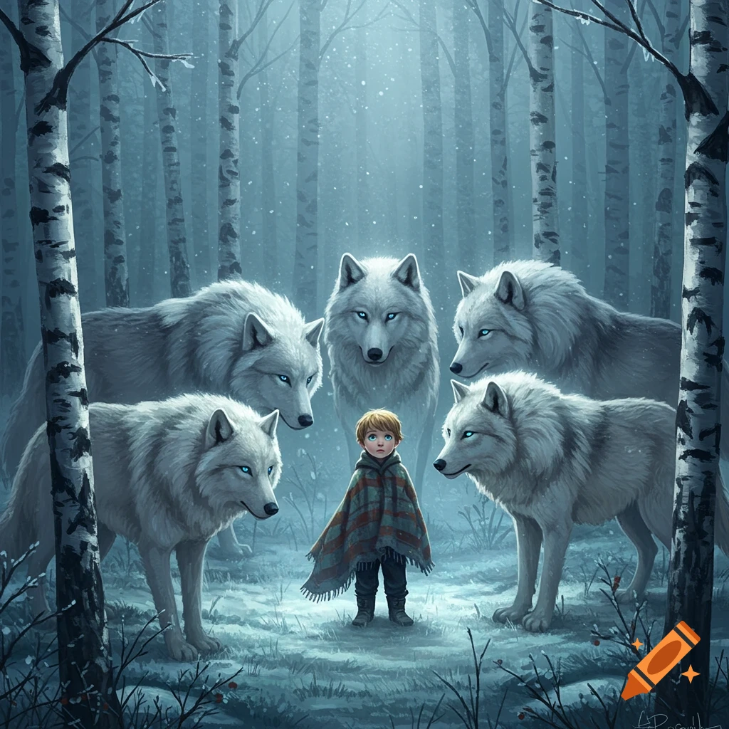 A small boy in a poncho stands in a snowy forest, surrounded by five white wolves with glowing blue eyes, in an illustrated style.