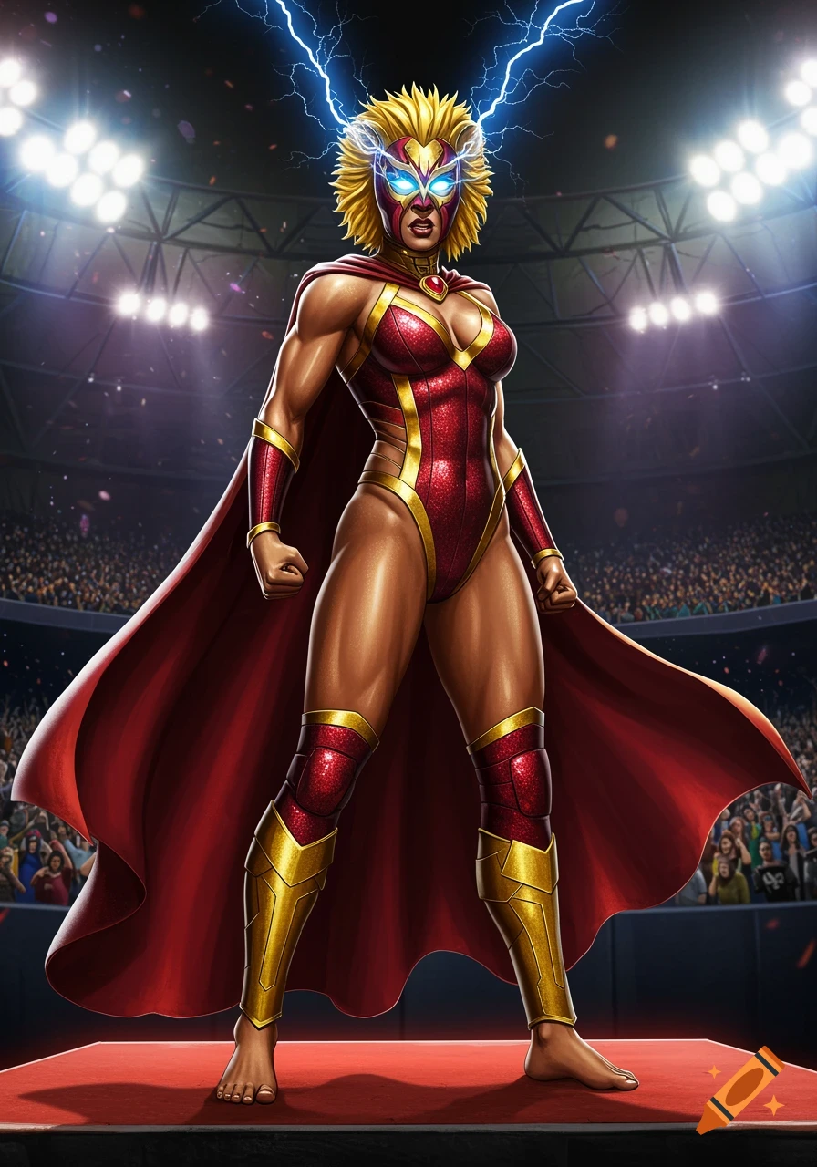 A powerful female superhero wrestler with lightning around her head stands in a stadium arena.