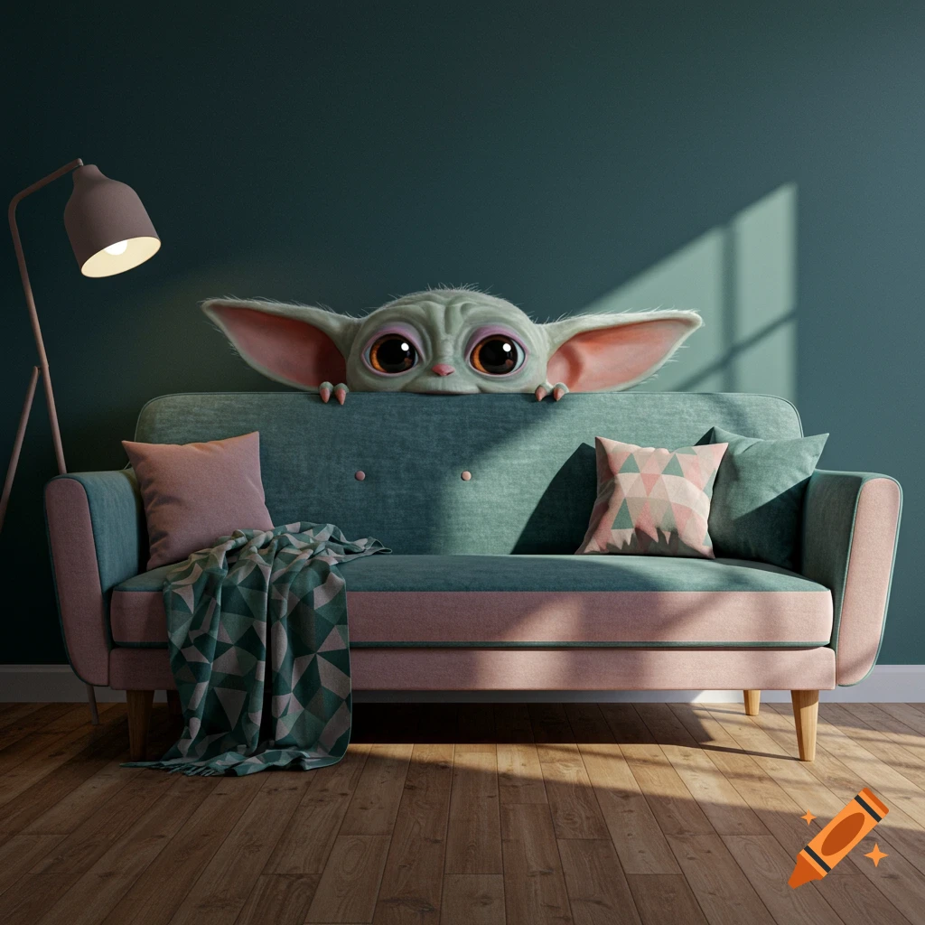 A cute, big-eyed creature peeking over a teal and pink sofa in a sunlit room.