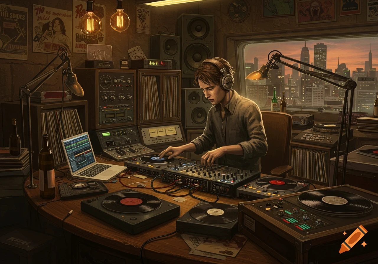 A young man with headphones on, wearing a button-up shirt, operates a DJ mixing board and turntables in a busy studio room with a city skyline view at sunset.