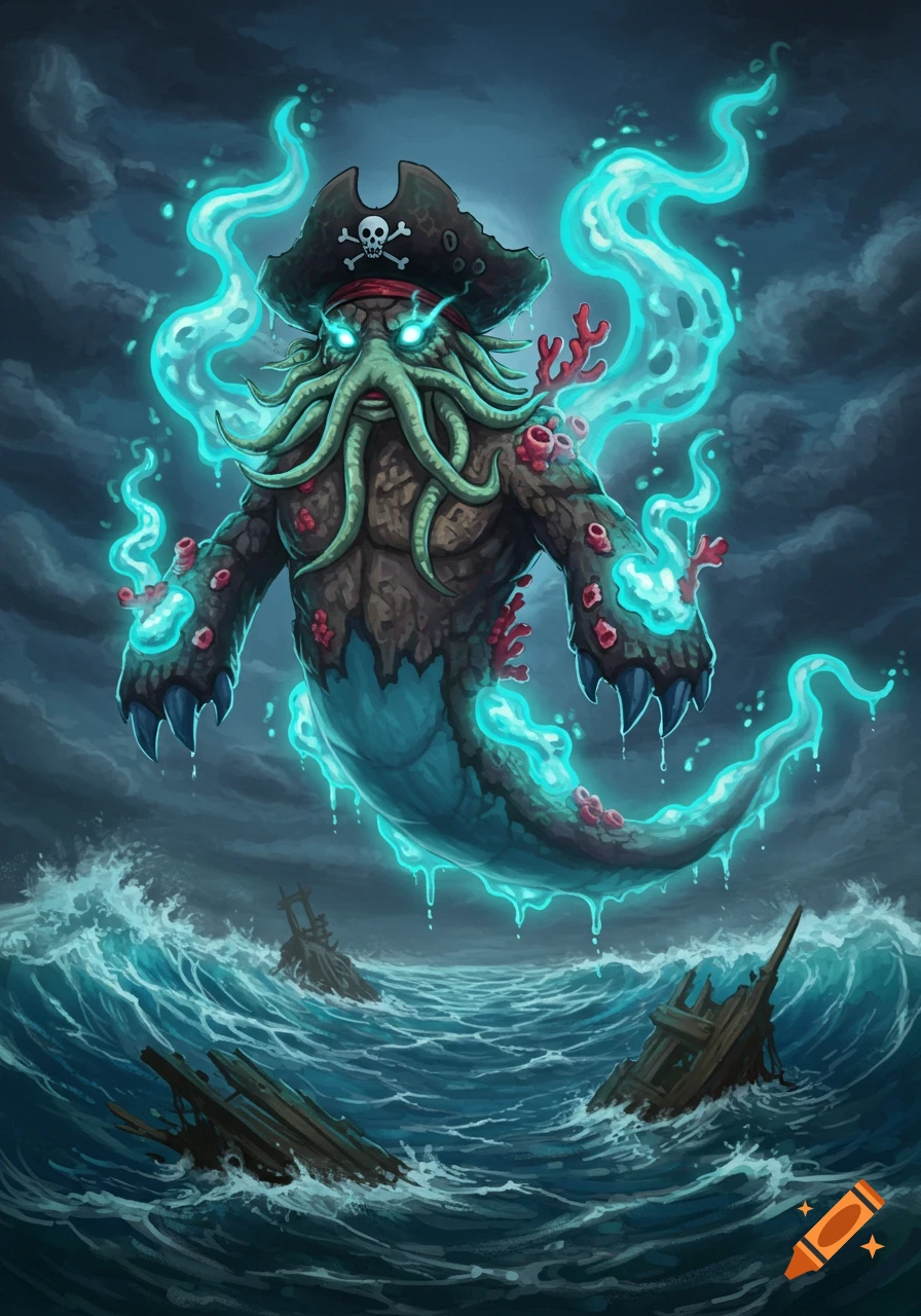 A ghost-like pirate creature with tentacles for a face and glowing blue eyes, resembling Davy Jones, floats above stormy ocean waves with broken ship parts.