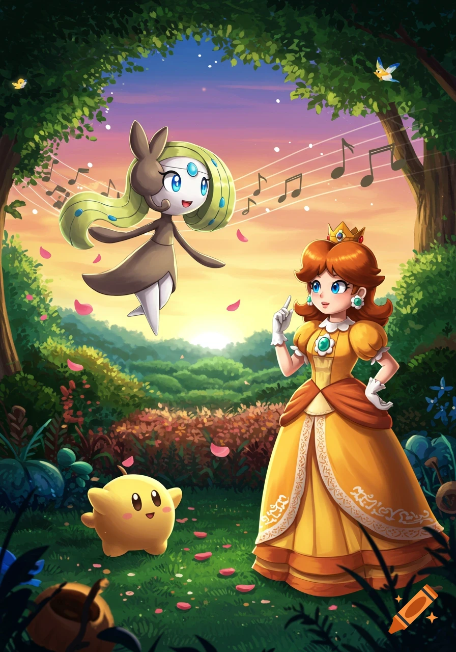 Meloetta and Princess Daisy sing in a vibrant forest at sunset, with a small yellow creature nearby.