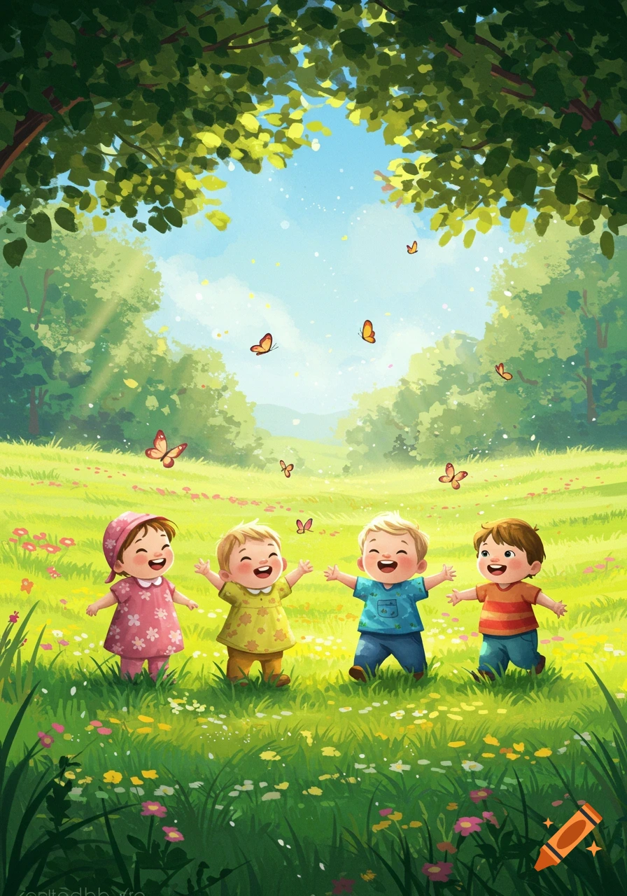 Four happy toddlers playing in a sunny green field with colorful flowers and butterflies, cartoon illustration.