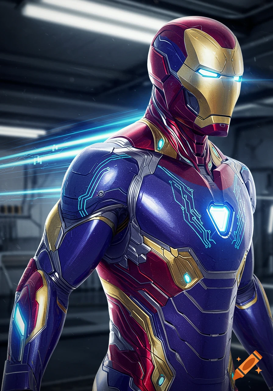 A close-up, photorealistic render of a purple, red, and gold armored superhero suit with glowing blue eyes and chest reactor, featuring intricate circuit patterns and light streaks.