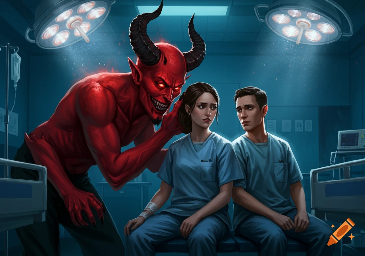 A red devil with horns whispers into the ear of a female medical professional, while a male colleague looks on nervously in a hospital room.