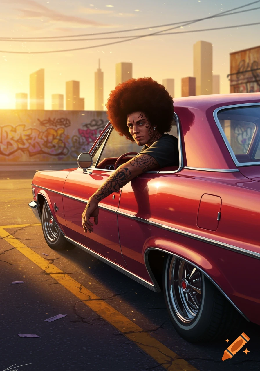 A person with an afro and face tattoos leans out of a red lowrider car on an urban street at sunset with a city skyline.