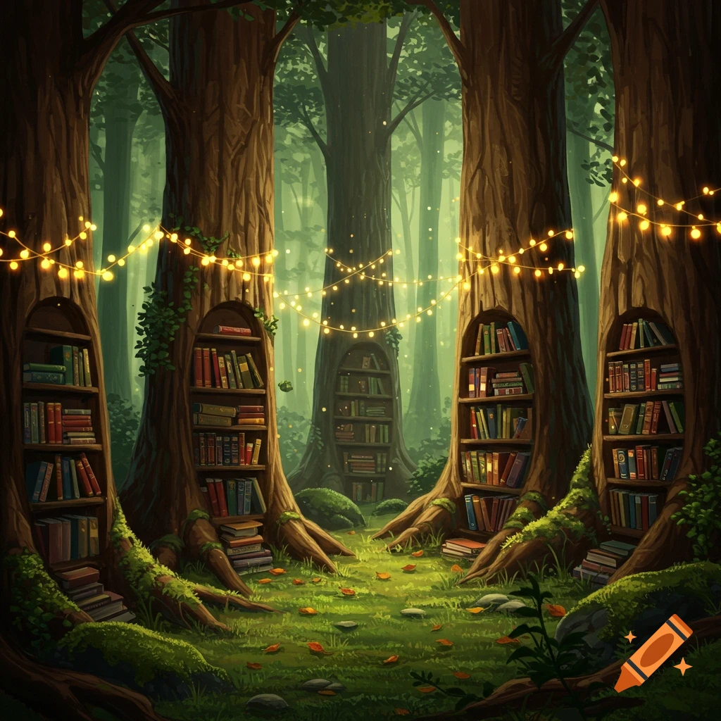 A whimsical forest scene with bookshelves built into the trunks of large trees, illuminated by glowing fairy lights.