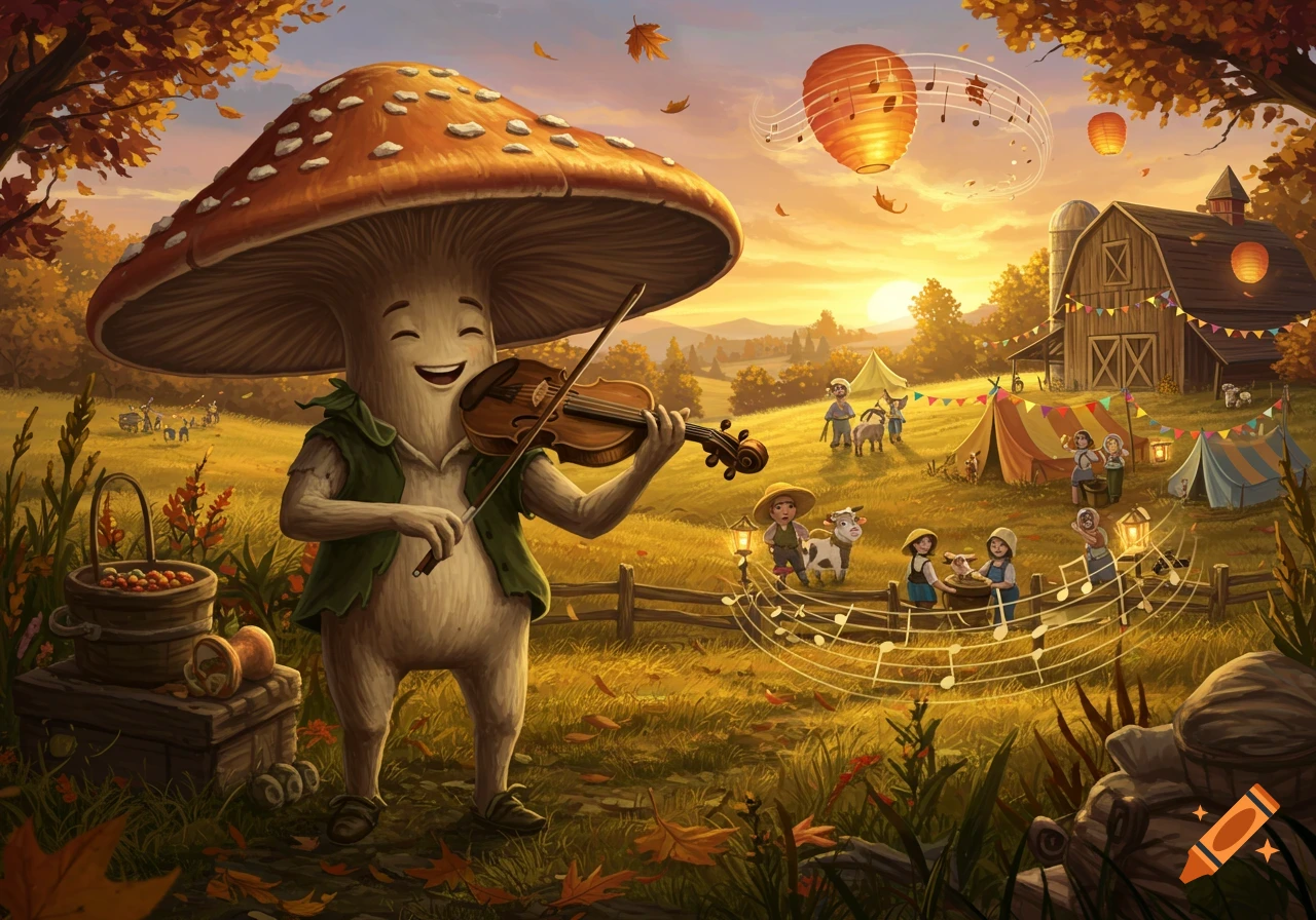 A happy mushroom character plays the violin at an autumn farm festival with people, animals, and tents at sunset in a vibrant cartoon illustration.