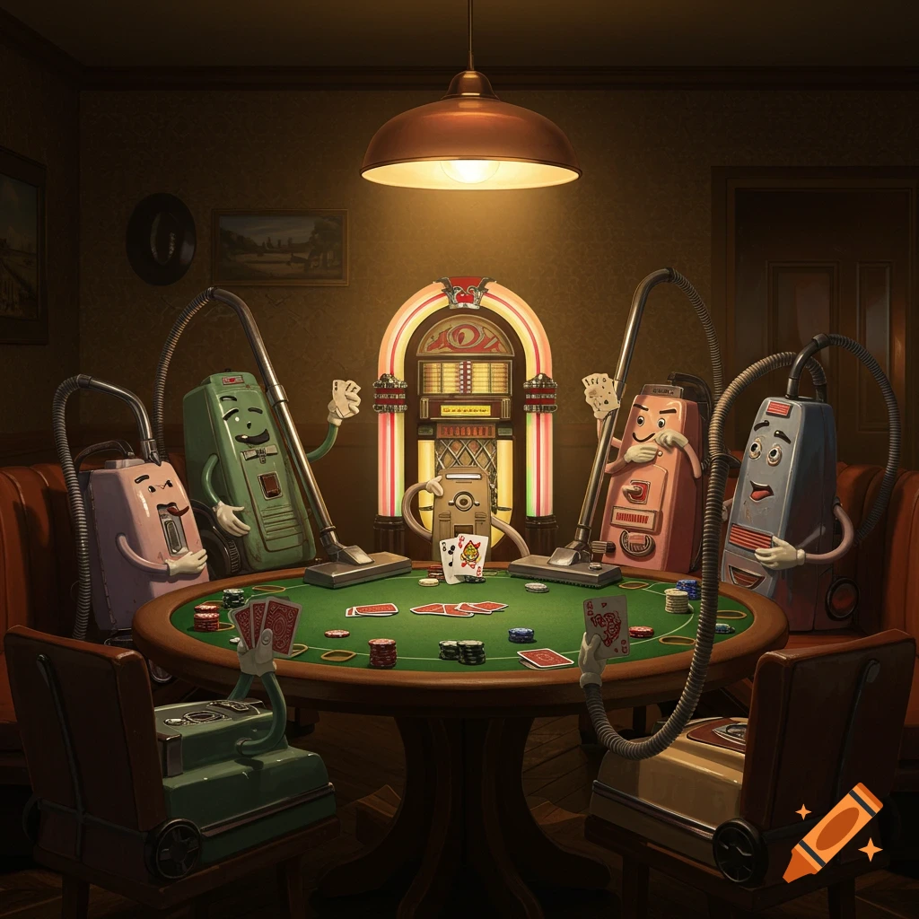 Anthropomorphic vintage vacuum cleaners with arms and faces play a game of poker around a green table, with a jukebox in the background.