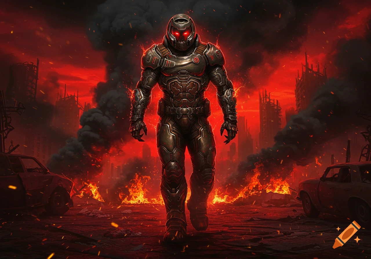 A figure in dark, futuristic armor with glowing red eyes stands amidst a fiery, destroyed cityscape under a red sky.