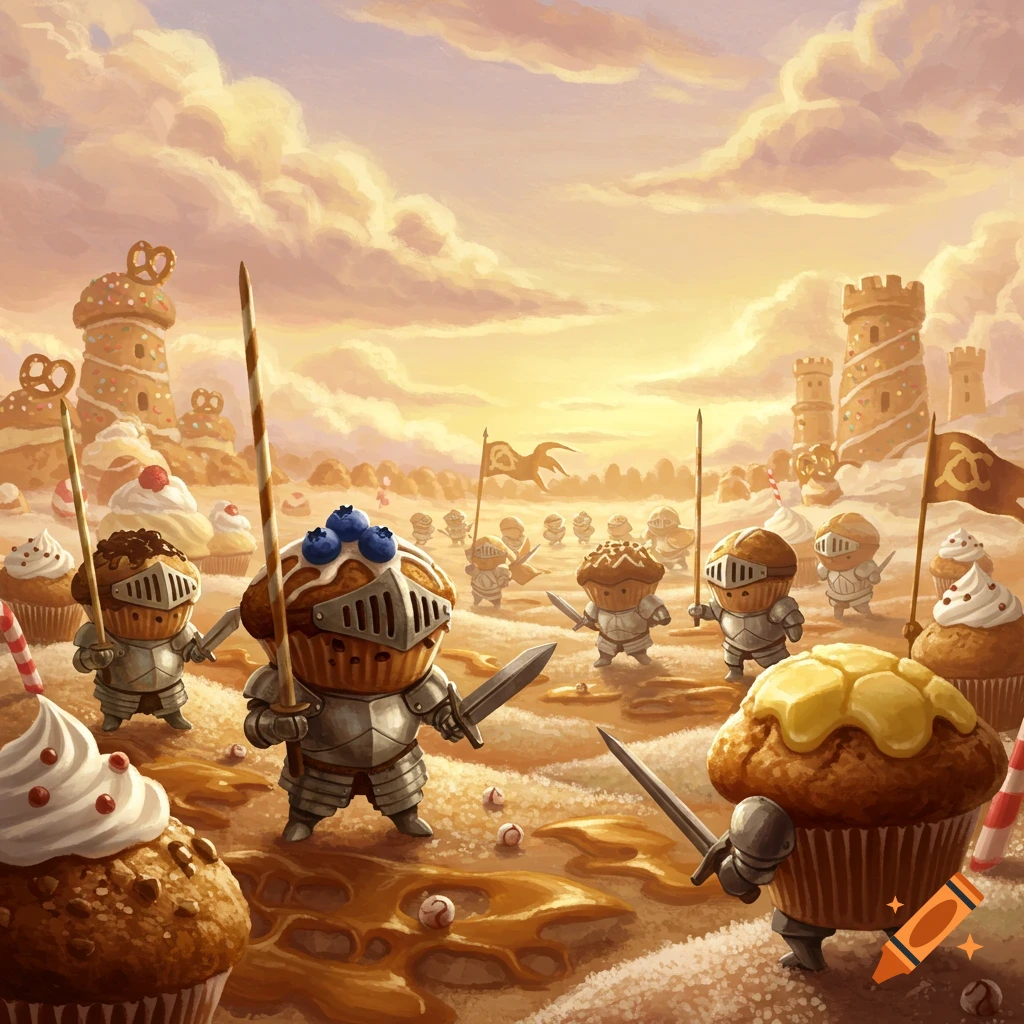 Muffin knights in armor with swords and spears stand on a battlefield made of sweets, with candy castles in the background at sunset.