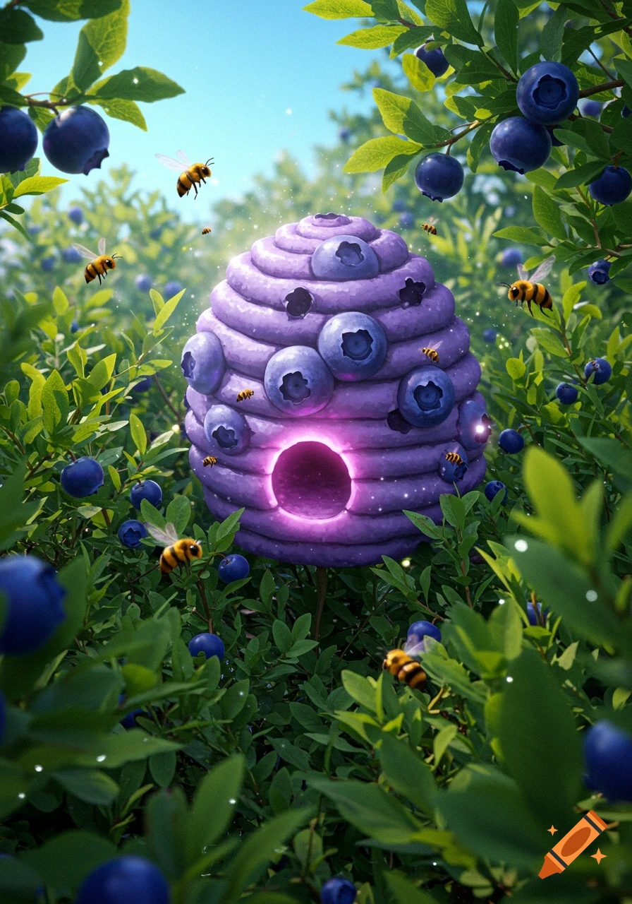 A whimsical purple beehive made of blueberries glows with pink light, surrounded by lush green blueberry bushes and flying bees.
