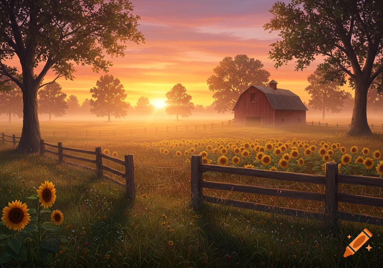 A tranquil farm scene at sunrise, with a red barn, sunflower field, and wooden fence under an orange and purple sky.