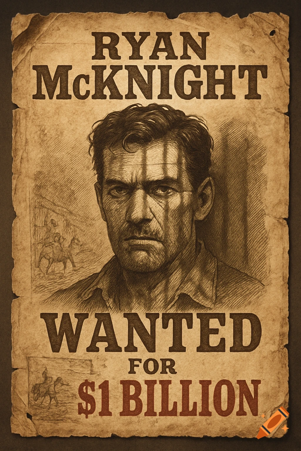 Vintage wanted poster on aged paper for Ryan McKnight, displaying a detailed sketch of a man's face and text 'WANTED FOR $1 BILLION'.