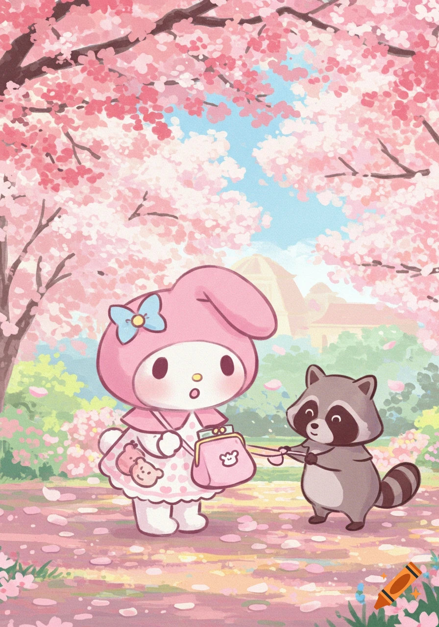 Cartoon My Melody character in a pink outfit exchanging a purse with a raccoon under a cherry blossom tree with falling pink petals.