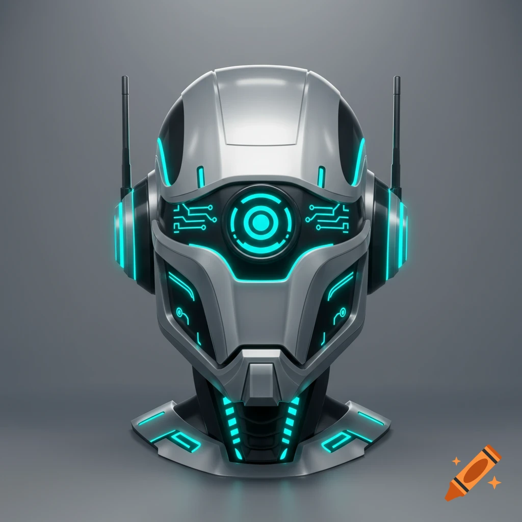 A close-up of a silver futuristic robot head with bright cyan glowing circuits and antennae on a grey background.