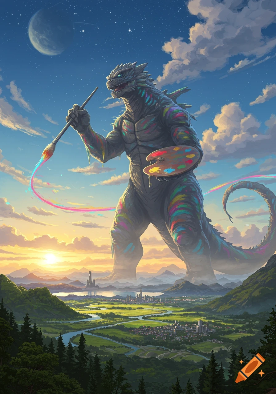 A giant, colorful Kaiju paints a rainbow arc over a vast valley and cities during a vibrant sunset under a starry, moonlit sky.
