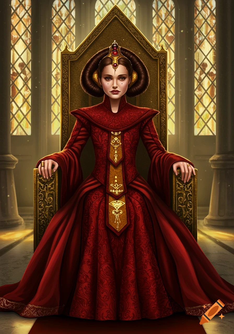Padmé Amidala in a red gown on a golden throne in a grand hall with stained-glass windows, in a detailed illustration.