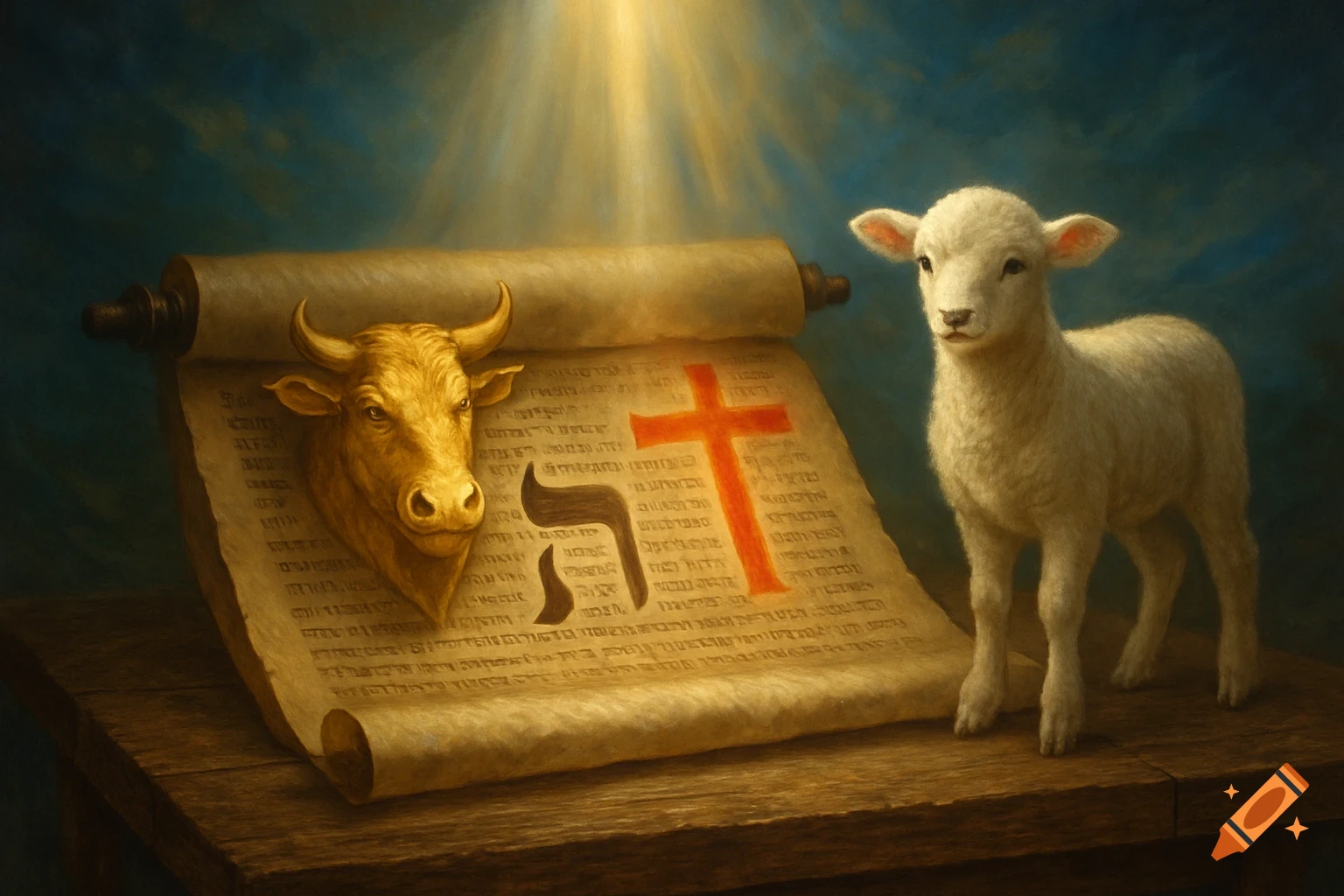 A golden ox head and a red cross on an ancient scroll, with a white lamb standing nearby. Beams of light illuminate the scene.