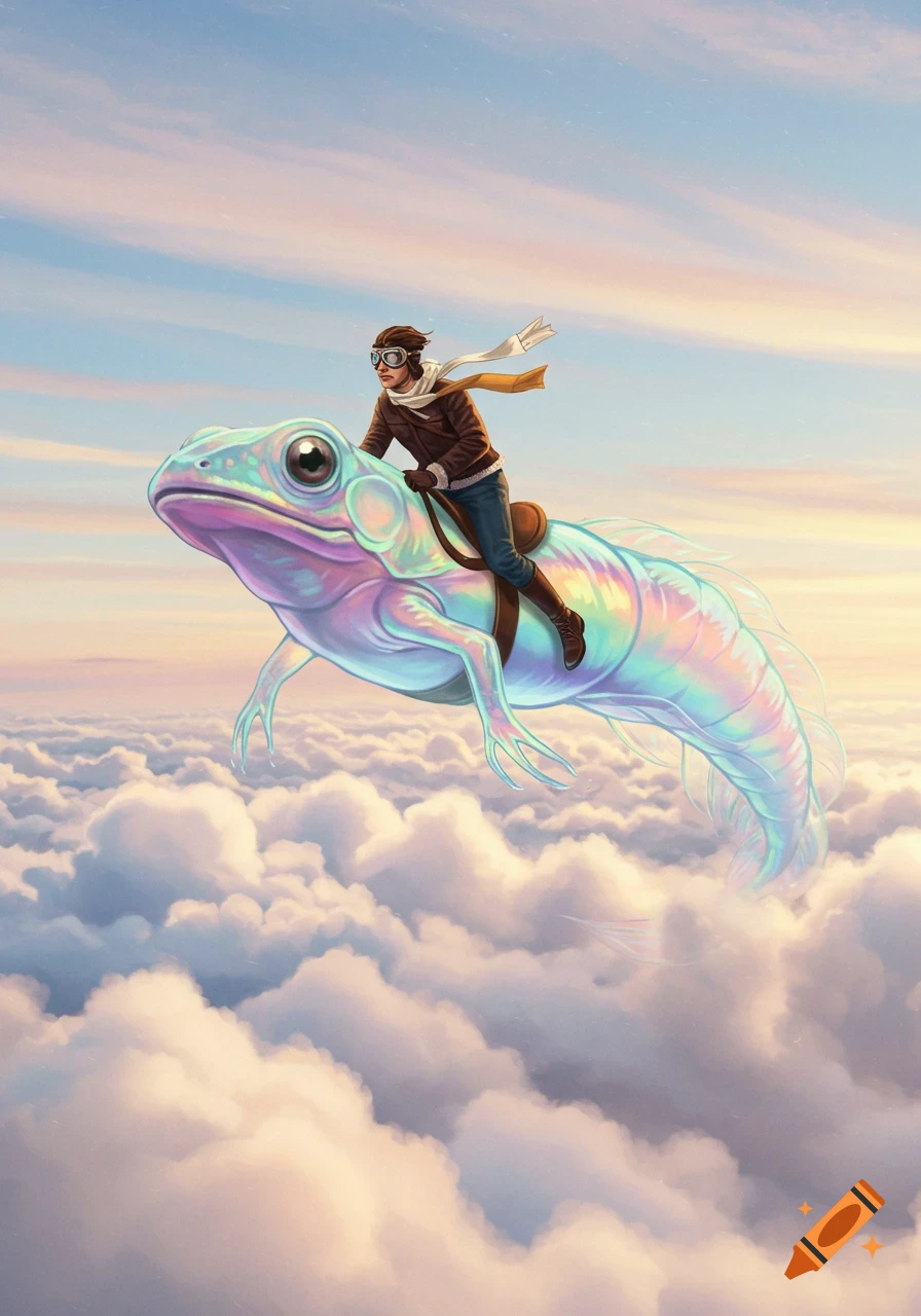 Illustration of a person in pilot gear riding an iridescent frog-like creature through clouds in a colorful sky.
