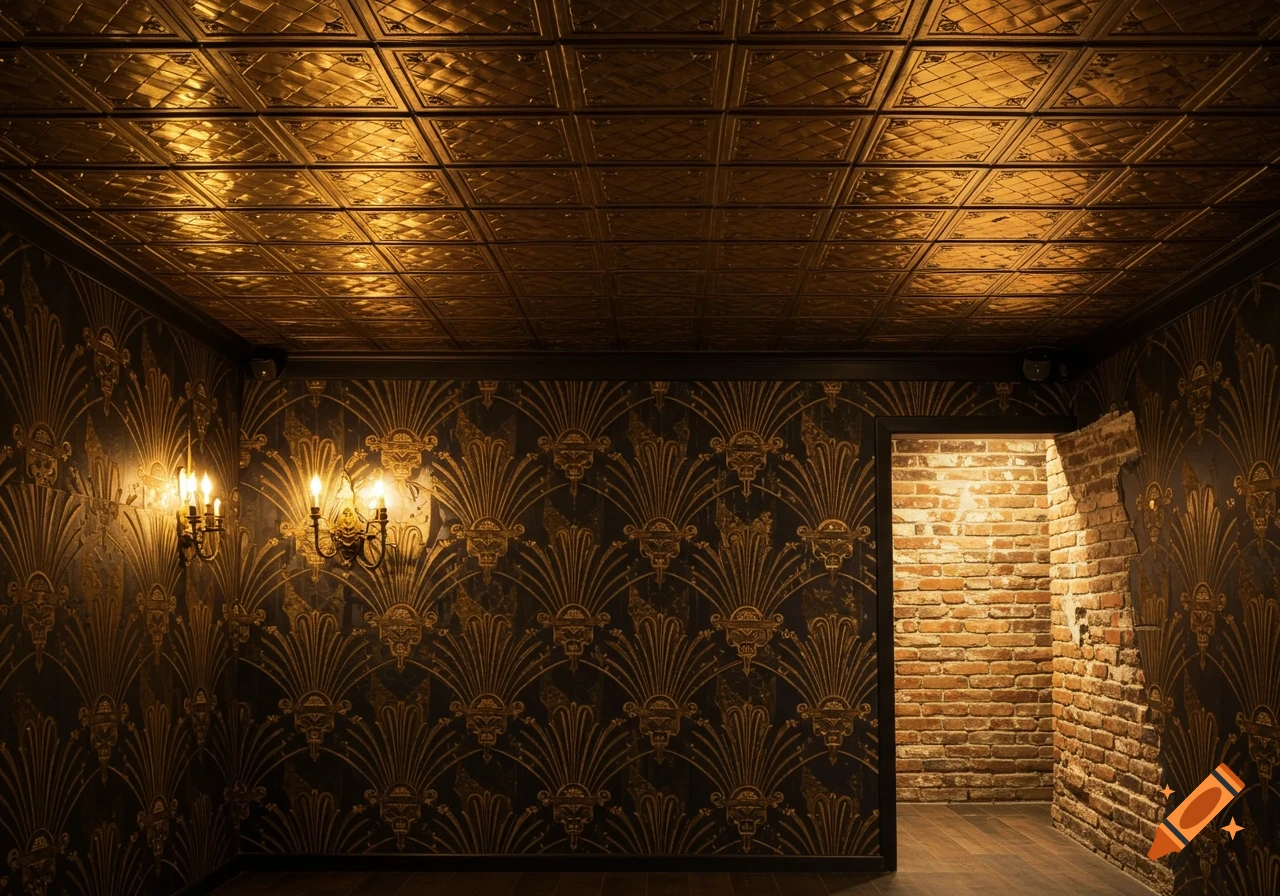 A room with a golden copper ceiling, dark walls featuring gold Art Deco wallpaper, and an exposed brick accent wall lit by sconces.