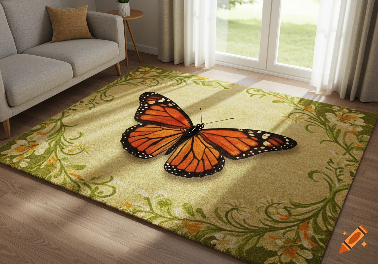 A large monarch butterfly rests on a green and yellow floral rug in a sunlit living room.