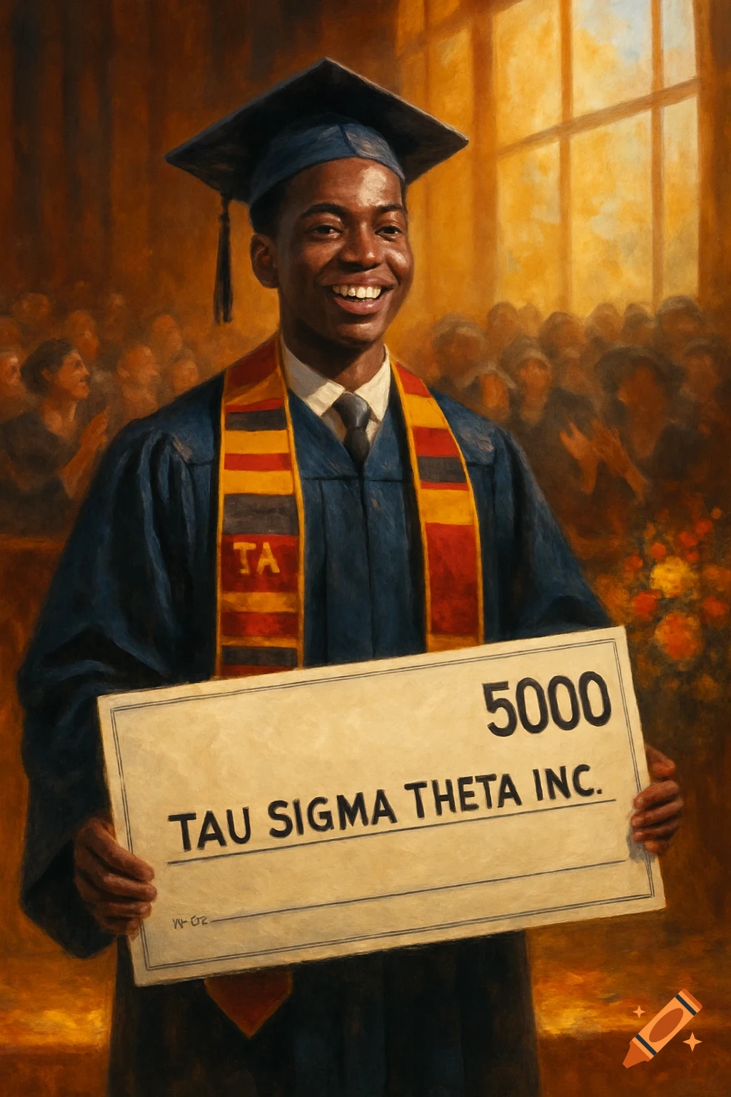 Painting of a smiling young Black man in a cap and gown holding a large check for $5000 at a graduation ceremony.