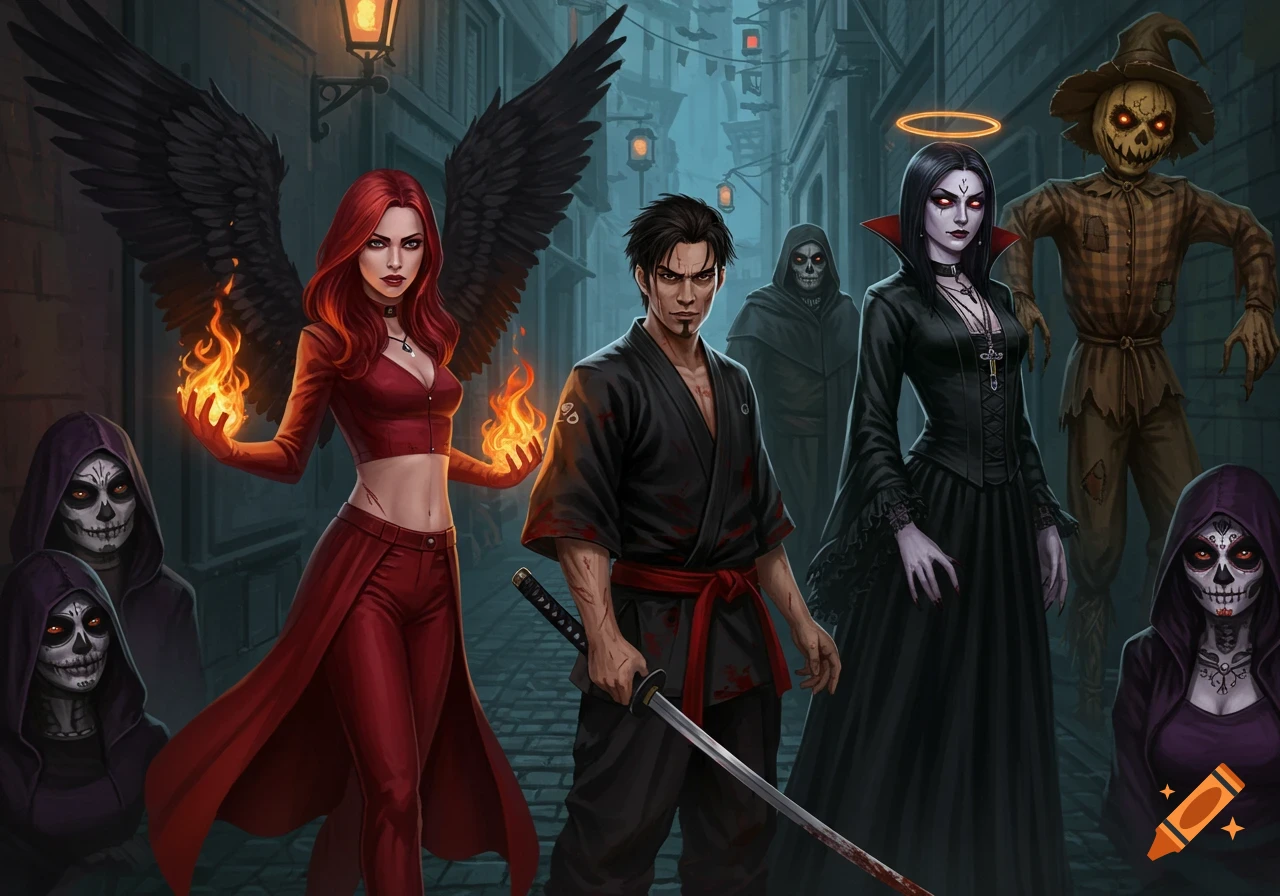 A group of dark fantasy characters, including a winged woman with fire, a man with a katana, a vampire, a scarecrow, and two sugar skull figures, stand in a dimly lit alleyway.
