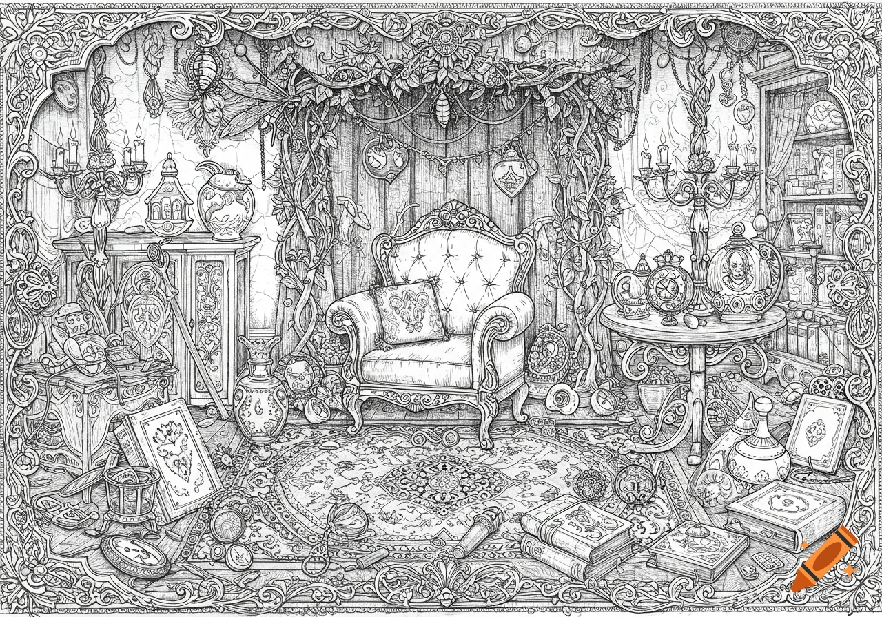 Intricate black and white line art coloring page of a gothic, oddity-filled room with an ornate armchair, candelabras, and curios.
