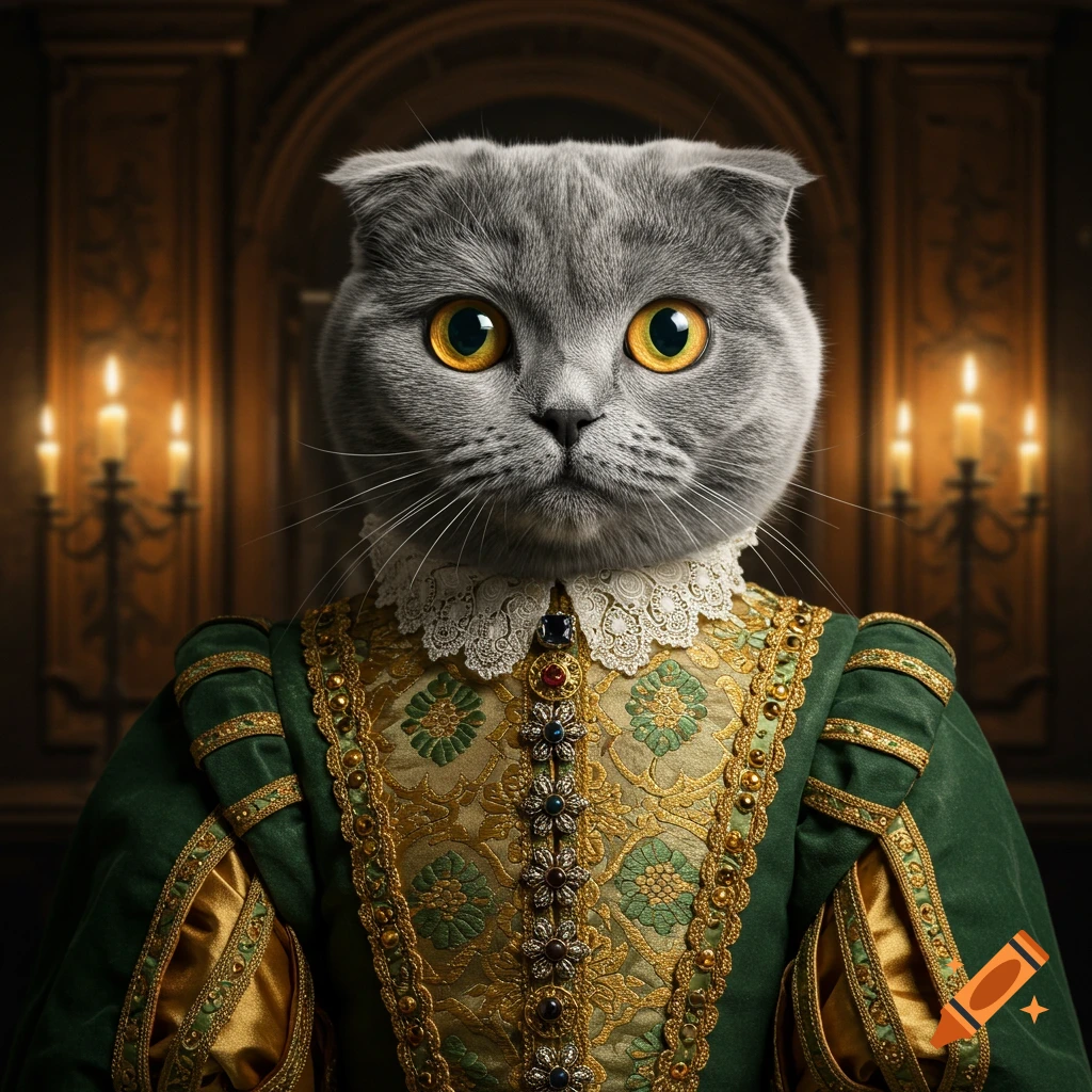 Photorealistic portrait of a grey Scottish Fold cat in a detailed green and gold Renaissance-era dress with a lace collar.