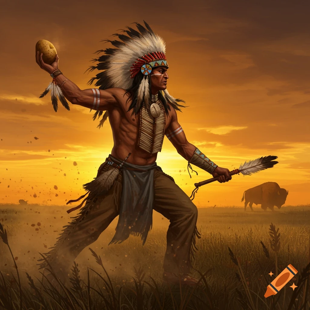 Native American chief in a feathered headdress throws a potato, holding a feathered staff, on a grassy plain at sunset with a buffalo.