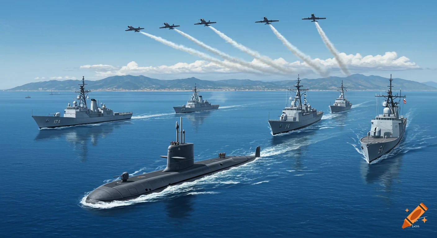 A fleet of gray naval frigates, corvettes, and a submarine sail on a blue ocean with mountains in the background. Five jet planes fly overhead leaving white contrails.