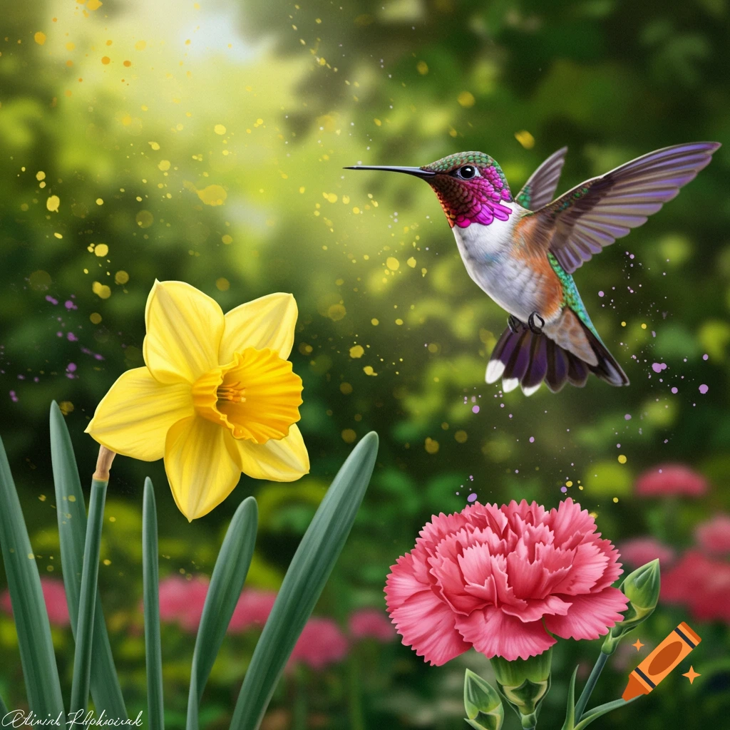 A colorful hummingbird flies near a bright yellow daffodil and a pink carnation in a lush garden with light rays and color splashes.