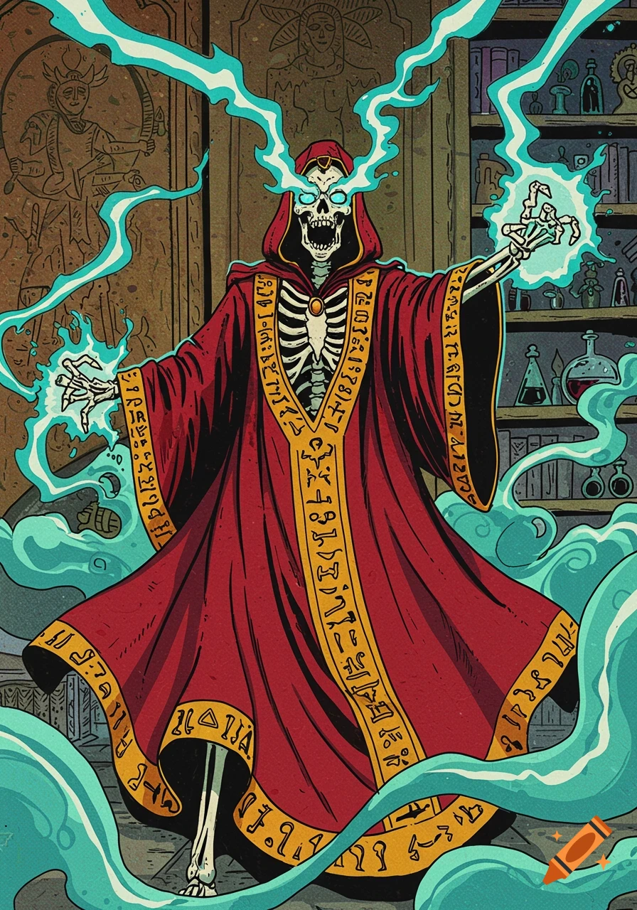 A skeleton sorcerer in a red cloak with glowing blue eyes casts magic in a pulp comic style illustration.