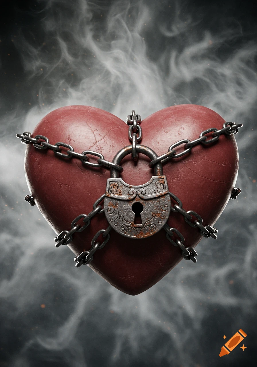A photorealistic depiction of a cracked red heart wrapped in dark metal chains, secured by an ornate, rusty padlock, against a smoky dark background.