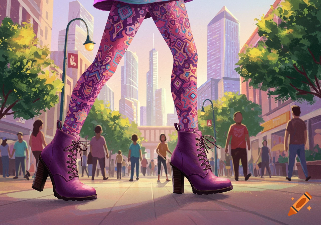 Close-up illustration of a person's legs in vibrant patterned tights and purple high-heeled boots walking on a city street.