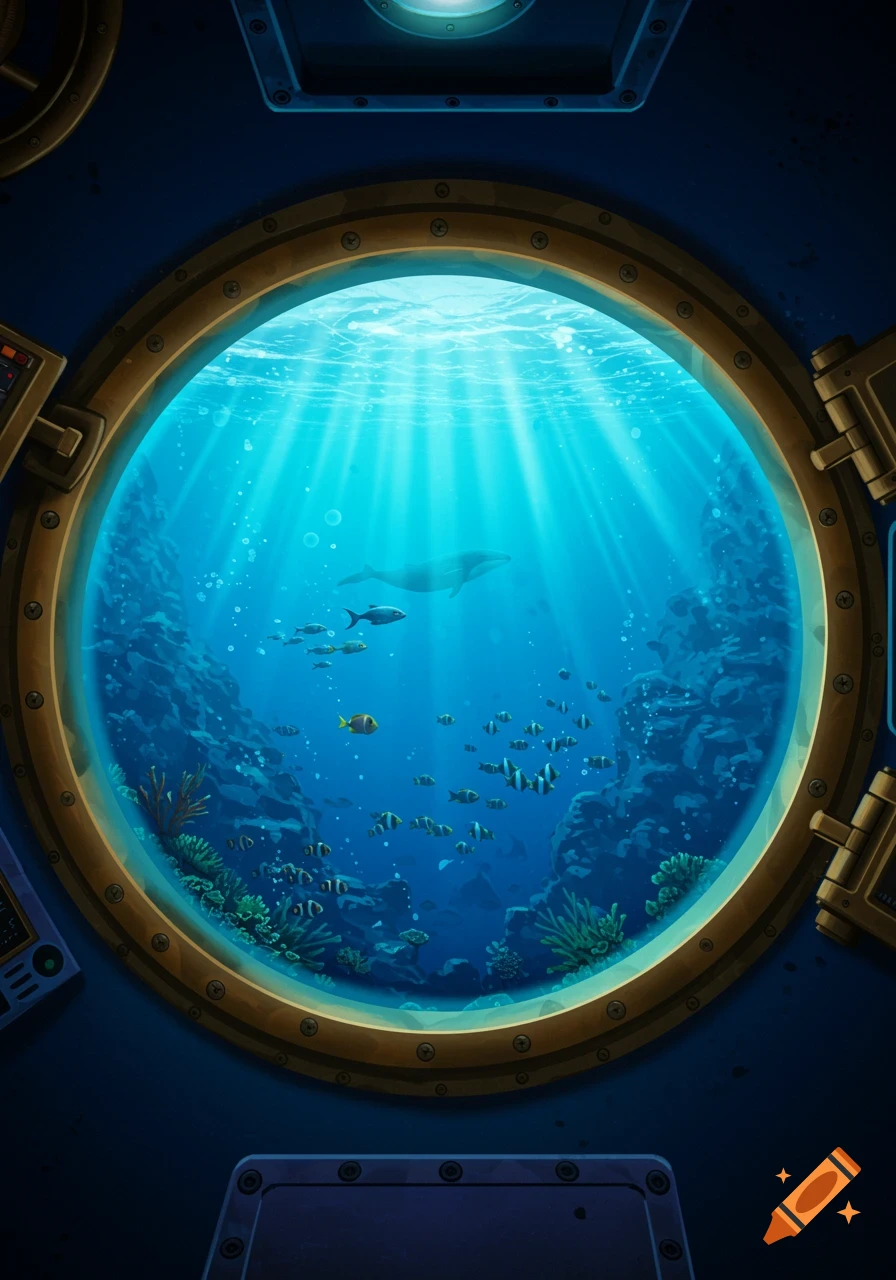 A stylized view from a submarine porthole looking into the deep blue ocean, with a whale, coral, and schools of fish swimming in the sunlit water.