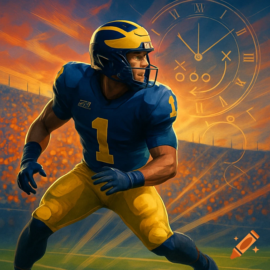 A football player in a blue and yellow uniform with number 1, standing on a field in a stadium with a strategic clock overlay.