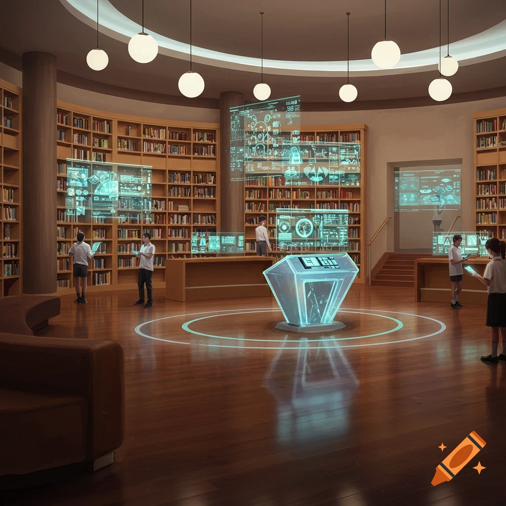 A futuristic library with tall wooden bookshelves, a central glowing console, large holographic displays, and several people browsing.