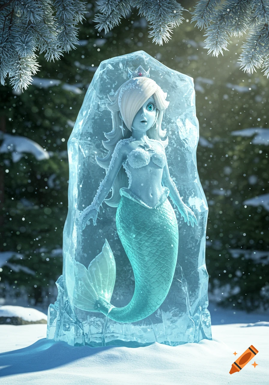 Mermaid Rosalina frozen in a block of ice in a snowy forest.