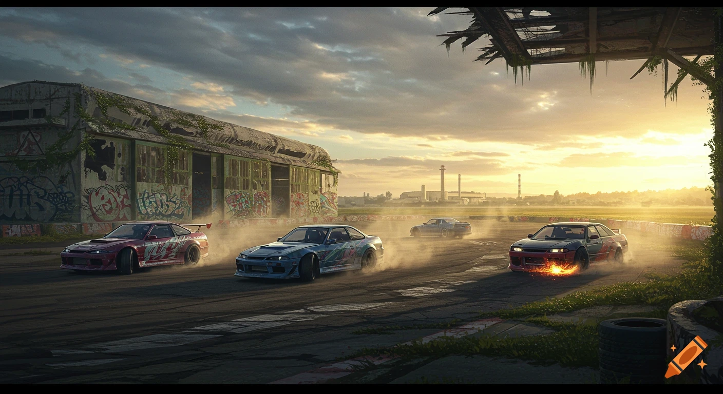 Photorealistic image of multiple drift cars racing on an abandoned track near a dilapidated building at sunset.