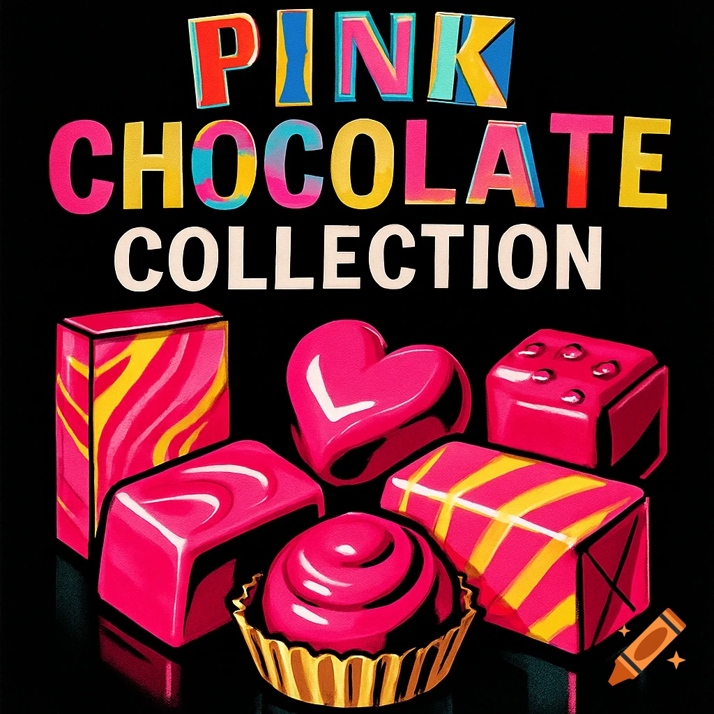 A graphic design featuring the text 'PINK CHOCOLATE COLLECTION' above various pink chocolates, including a heart, square pieces, and a cupcake.